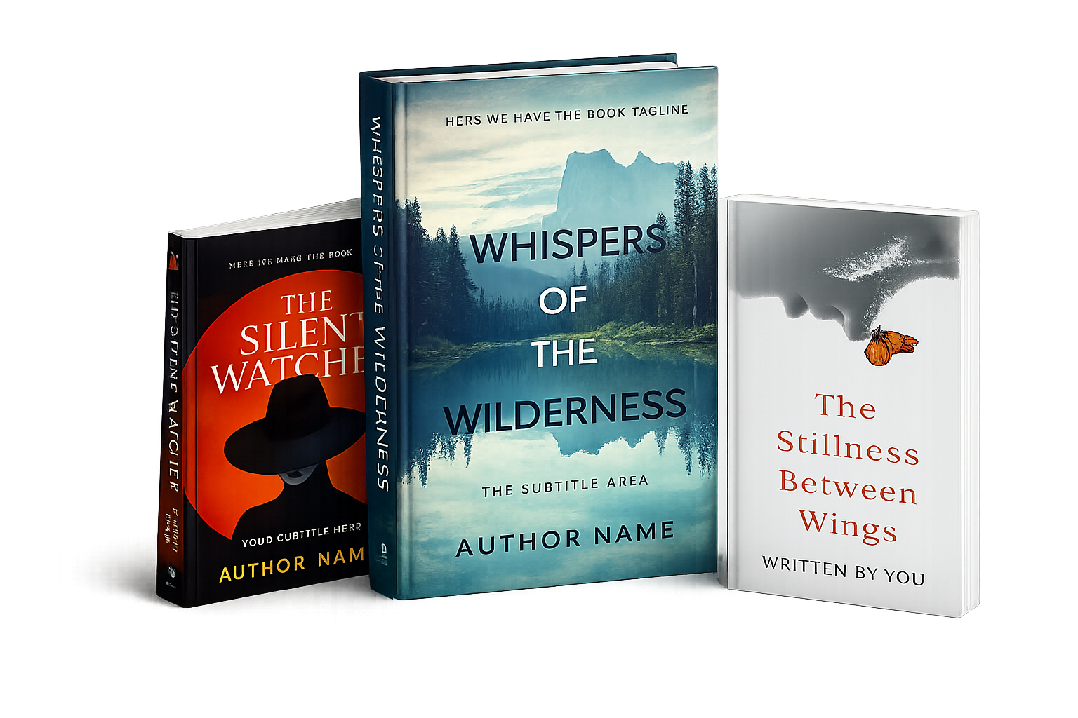Three coordinated example covers showing a consistent book series design