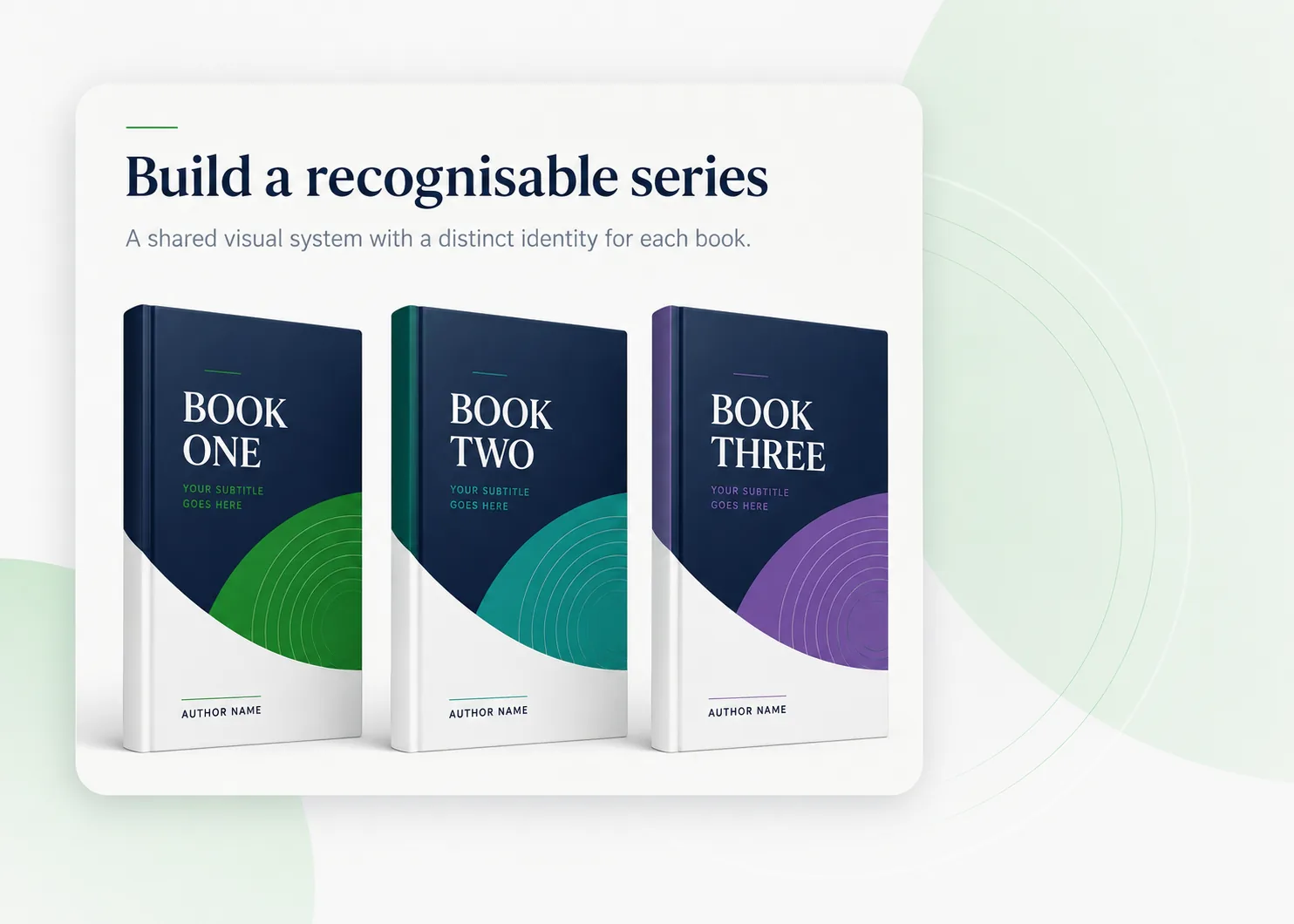 Three coordinated example covers showing a consistent book series design