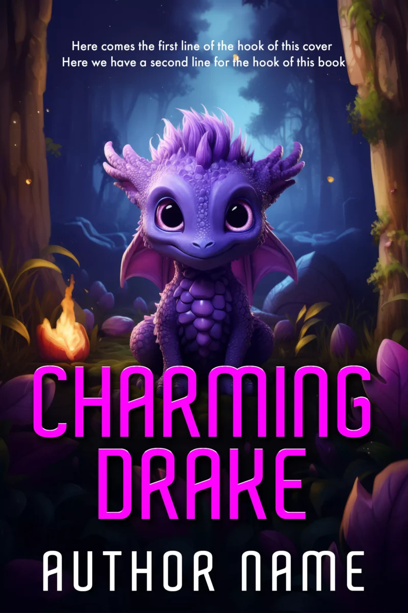 Adorable purple dragon book cover featuring a wide-eyed baby dragon in a magical, illuminated forest. Perfect for young fantasy readers and children's stories.