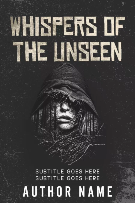 Chilling book cover titled 'Whispers of the Unseen' with a shadowy figure in a tattered cloak, evoking suspense and the supernatural.