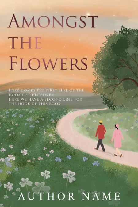 Charming book cover of "Amongst the Flowers" featuring a couple walking along a flower-lined path at sunset.