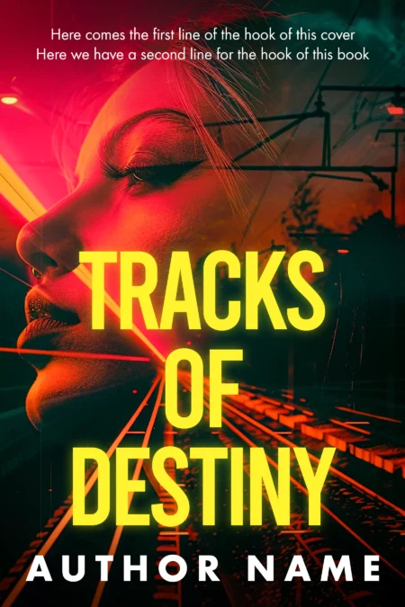Woman's profile overlaid on glowing train tracks in the 'Tracks of Destiny' book cover.