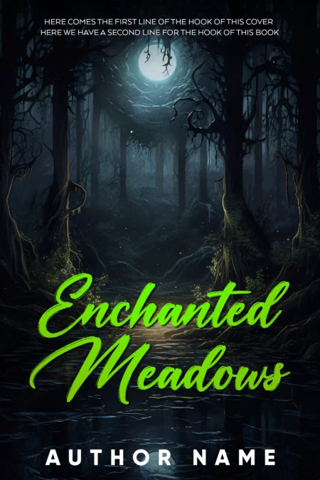 Legendary artifacts glowing in a mystical forest for fantasy cover artwork named Enchanted Meadows.