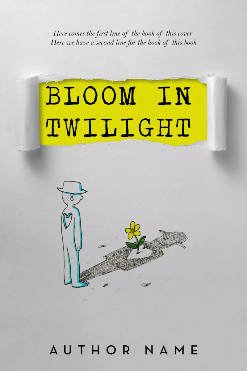 Book cover featuring the title 'Bloom in Twilight' in bold yellow letters over an illustration of a man in a hat looking at a small flower on a cracked surface."