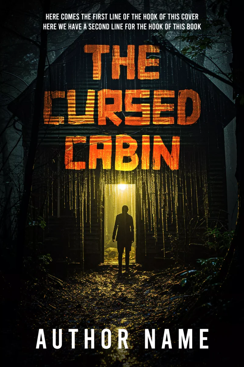 Shadowy figure at the entrance of a spooky cabin in the woods on 'The Cursed Cabin' book cover.