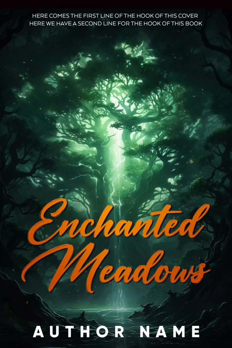 Fantasy book cover featuring a mystical, enchanted forest with glowing green light and magical energy.