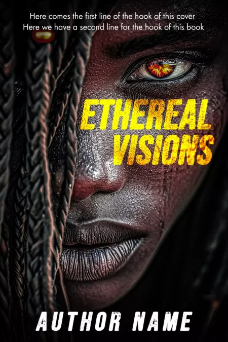 Close-up of a woman's eye with an otherworldly glow on 'Ethereal Visions' book cover, suggesting mystical or psychic themes."
