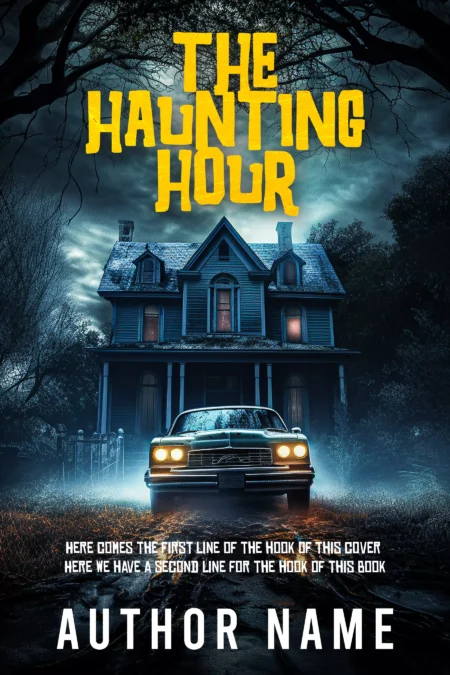 A haunted house and vintage car under a stormy sky on the 'The Haunting Hour' book cover.
