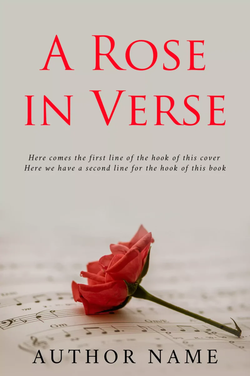 A delicate book cover titled A Rose in Verse, featuring a red rose resting on a sheet of music, symbolizing beauty and poetry.