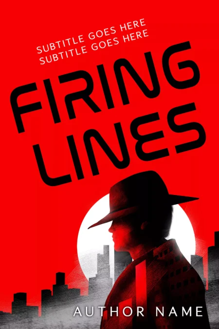 Silhouette of a detective against a red background with cityscape on 'Firing Lines' book cover.
