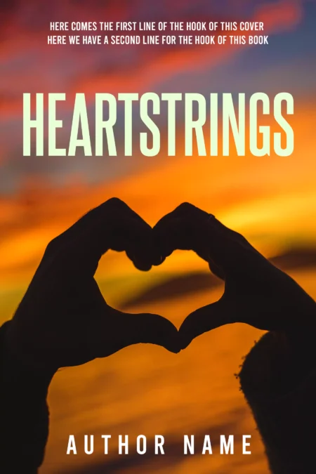 Silhouette of hands forming a heart shape at sunset on 'Heartstrings' book cover.