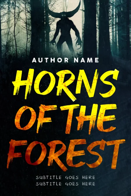 Silhouette of a mysterious figure with antlers in the misty forest on the book cover for 'Horns of the Forest.'