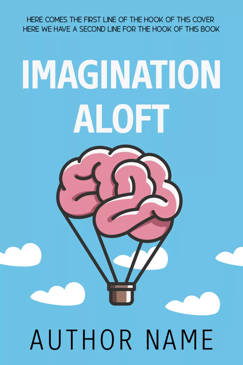 Creative book cover featuring a brain-shaped hot air balloon against a blue sky, representing imagination and inspiration.