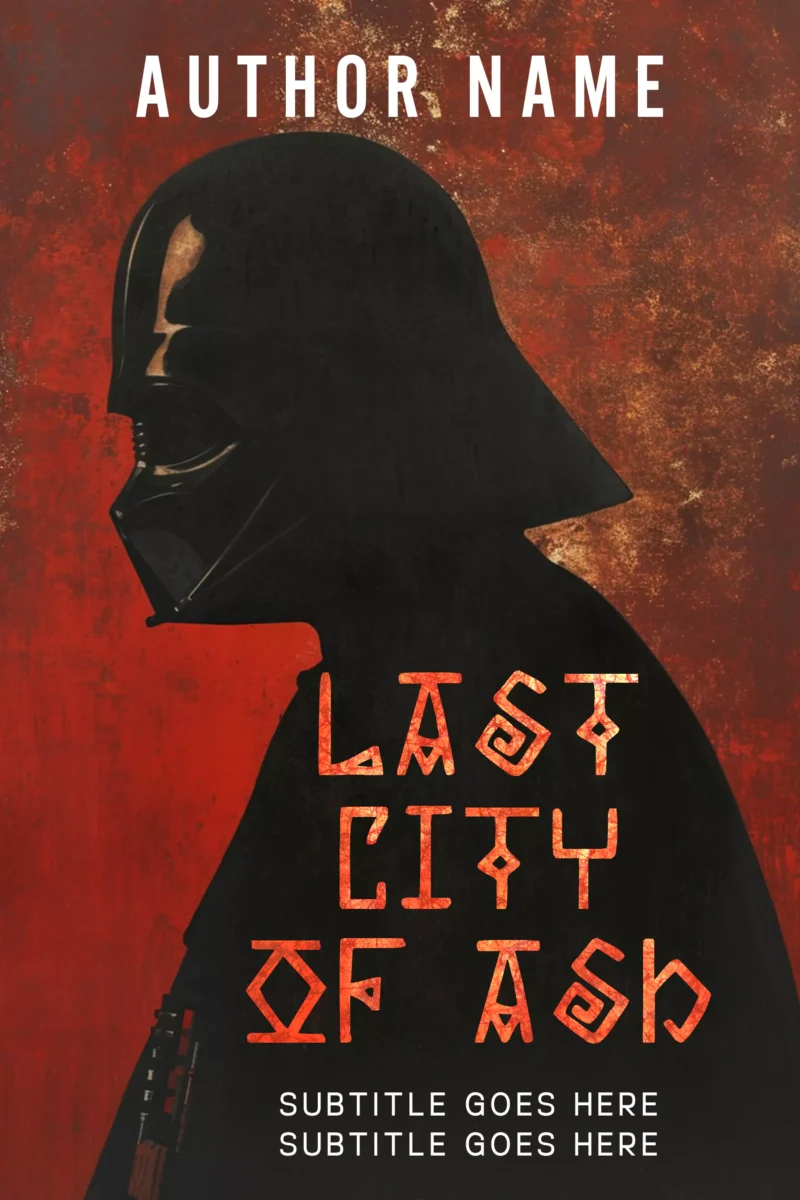 Premade dark sci-fi book cover of 'Last City of Ash' featuring a mysterious figure in a helmet against a gritty red background.