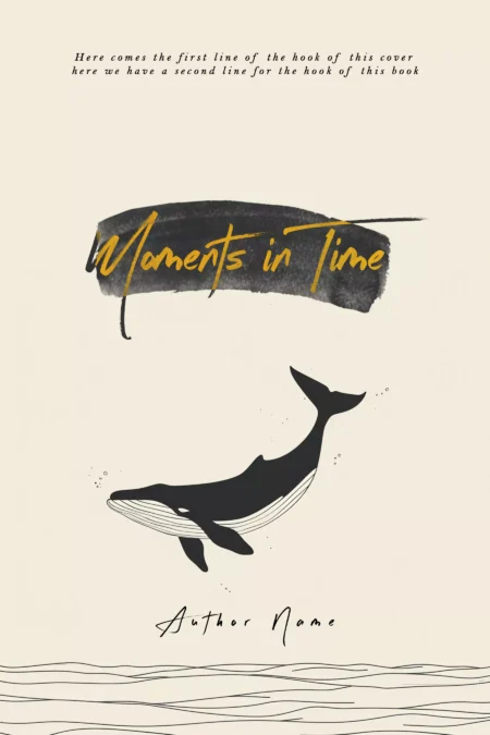 Artistic rendering of a whale floating above ocean waves on the 'Moments in Time' book cover.