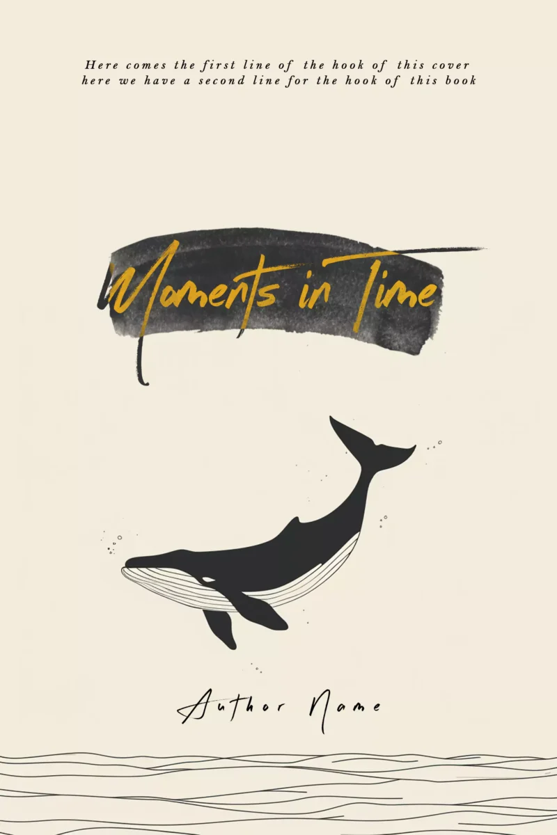 Artistic rendering of a whale floating above ocean waves on the 'Moments in Time' book cover.