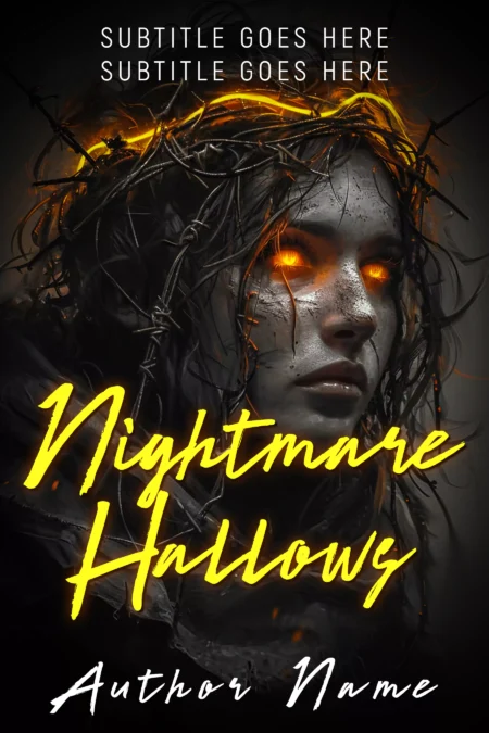 Haunted face with glowing eyes on 'Nightmare Hallows' horror book cover.