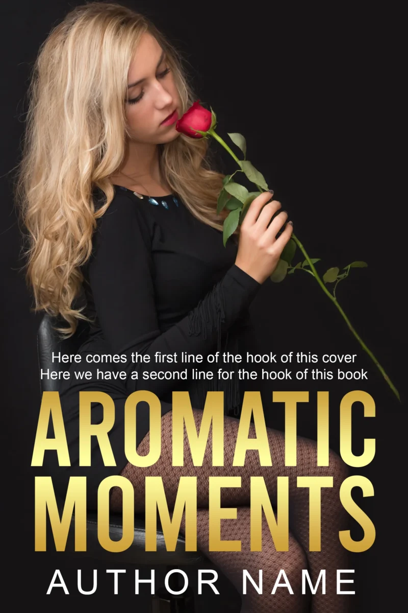 Elegant book cover of "Aromatic Moments" featuring a blonde woman holding a red rose against a dark background, evoking a sense of romance and reflection.