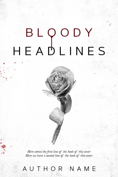 Artistic book cover featuring a newspaper rose with blood droplets, titled 'Bloody Headlines,' suggesting a thrilling mystery.
