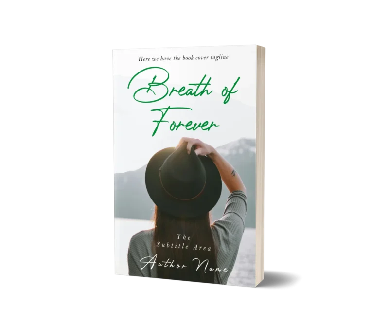 Book mockup image of a woman holding a hat looking towards a lake with mountains in the background, titled 'Breath of Forever.