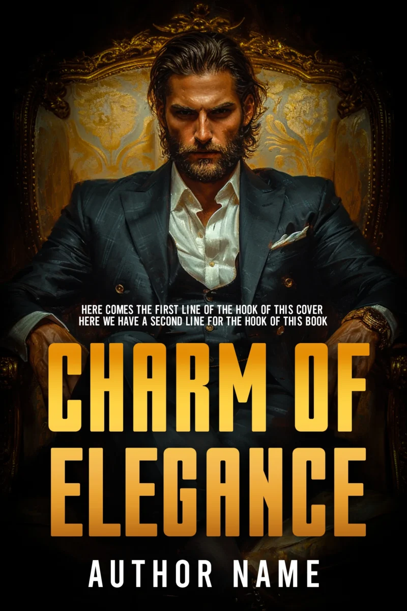 Dark romance book cover featuring a powerful man in a luxurious suit, seated on an ornate throne, exuding intensity and charisma.