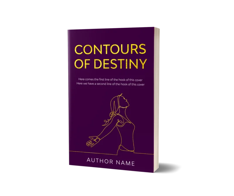 "Book cover mockup for 'Contours of Destiny' featuring a minimalist outline of a woman against a deep purple background."