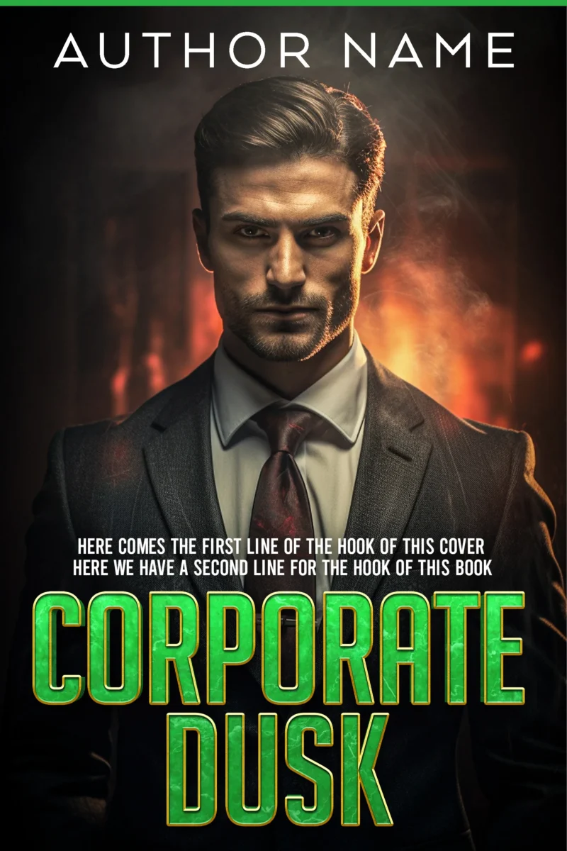 A powerful businessman standing against a dark background with an intense gaze, symbolizing the intrigue and ambition of corporate life.