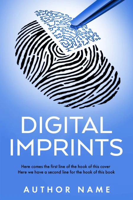 Fingerprint merging into digital circuits on the 'Digital Imprints' book cover, depicting the blend of human identity and technology