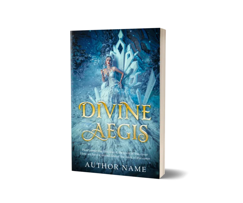Enchanting ice queen with a crystalline throne on the book cover mockup for 'Divine Aegis,' epitomizing mystical sovereignty.