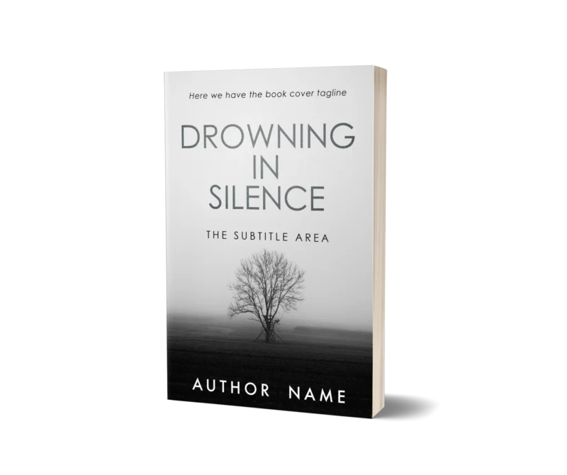 Mysterious book cover mockupwith a lone tree in a misty field, titled 'Drowning in Silence'
