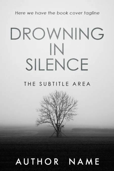 Mysterious book cover with a lone tree in a misty field, titled 'Drowning in Silence'