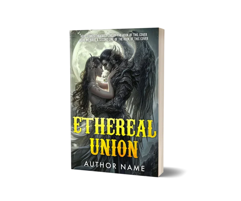 Fantasy book cover mockup with an angelic being and a woman in a mystical embrace under a full moon, titled 'Ethereal Union.