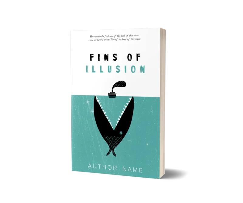 Stylized book cover mockup with a mermaid tail emerging from an inkwell, titled 'Fins of Illusion,' symbolizing fantasy and creativity.