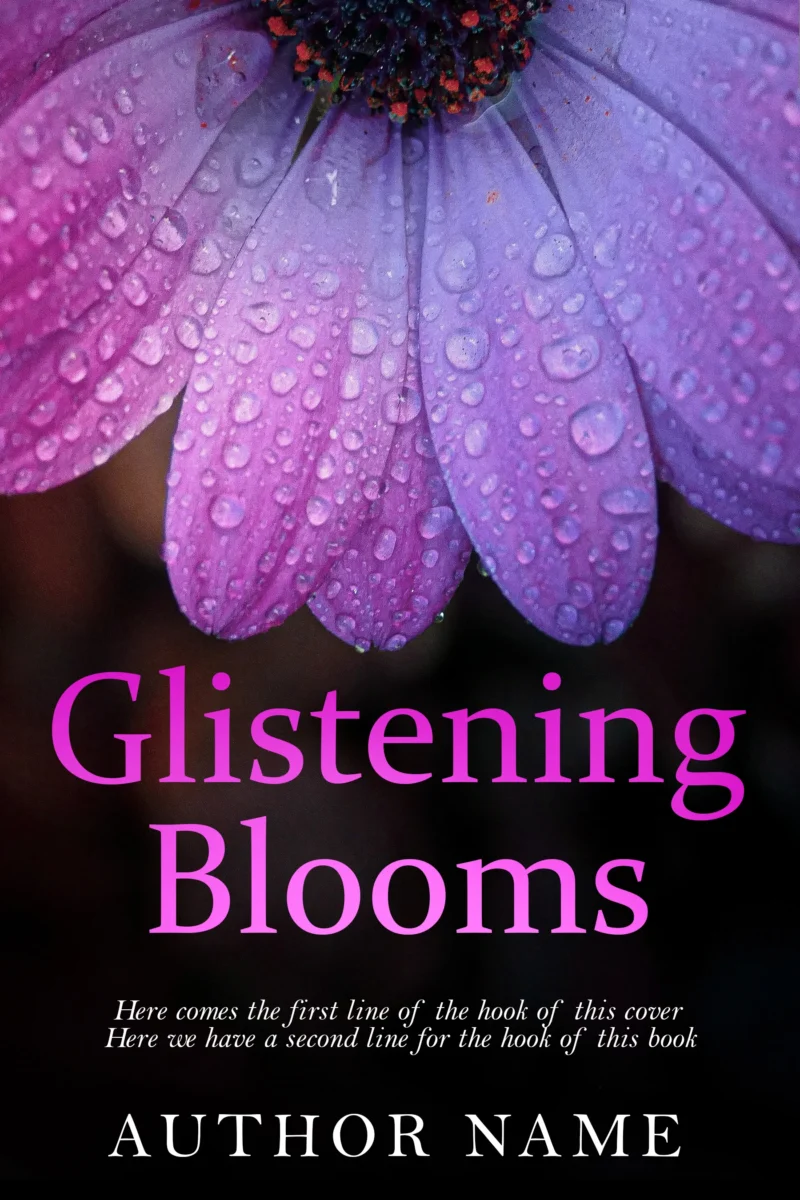 Close-up of a vibrant flower with dew drops on petals for the book cover "Glistening Blooms.