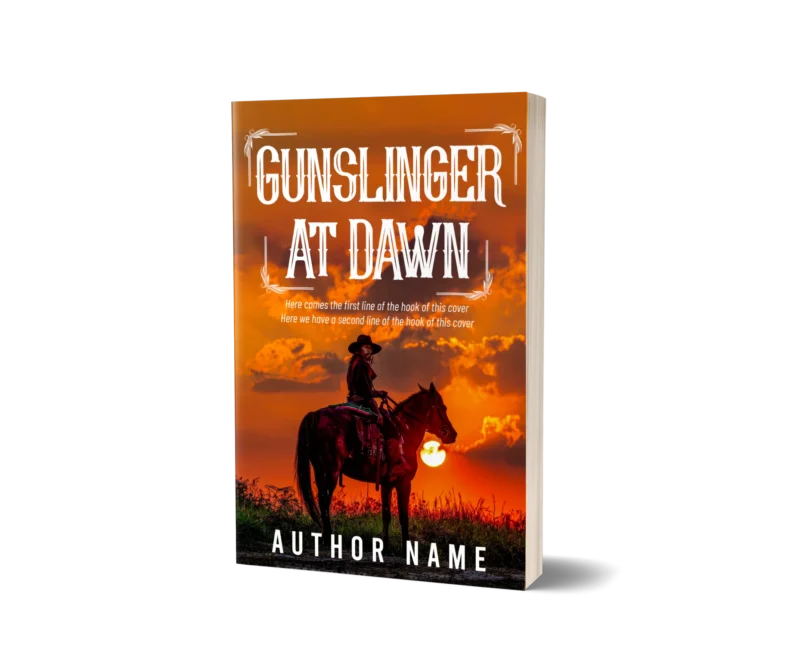 Western book cover mockup displaying a lone gunslinger on horseback against a fiery dawn sky, titled 'Gunslinger at Dawn.