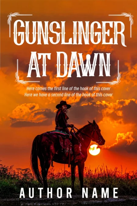 Western book cover displaying a lone gunslinger on horseback against a fiery dawn sky, titled 'Gunslinger at Dawn.
