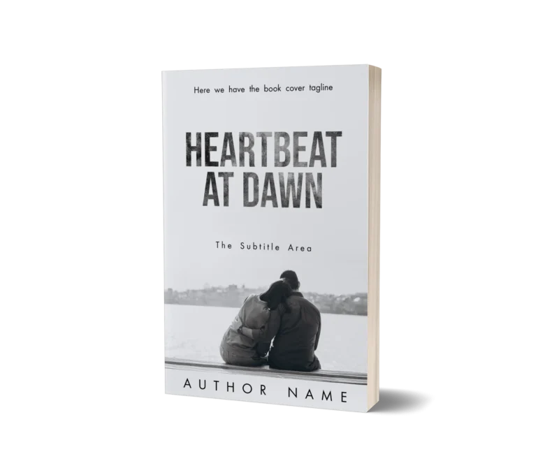 Book mockup showing a couple embracing by the waterfront titled 'Heartbeat at Dawn' in a romantic setting.