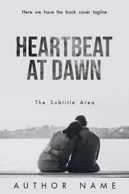 Book cover showing a couple embracing by the waterfront titled 'Heartbeat at Dawn' in a romantic setting
