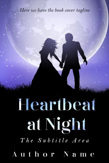 Silhouettes of a couple holding hands against a full moon and starry night sky on the book cover titled 'Heartbeat at Night.'
