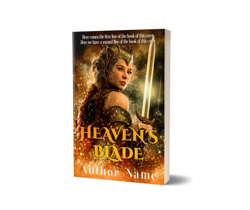 Fantasy book cover mockupfeaturing a warrior woman in ornate armor, wielding a gleaming sword, titled 'Heaven's Blade.'