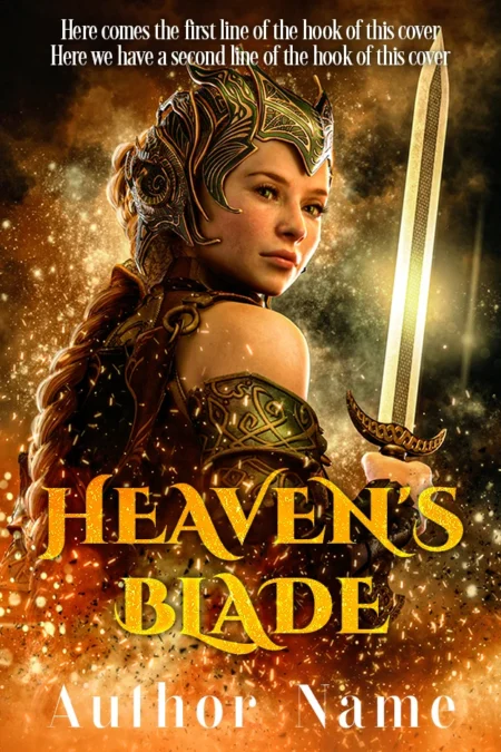 Epic fantasy book cover featuring a warrior woman in ornate armor holding a sword, titled 'Heaven's Blade.