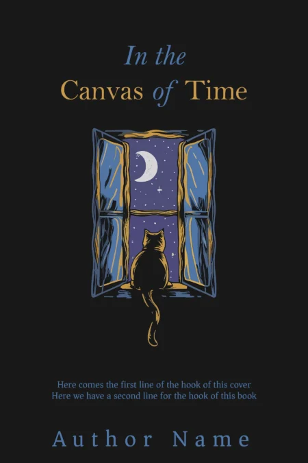 A contemplative cat silhouetted against a night sky window scene in 'In the Canvas of Time' book cover.