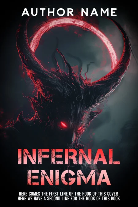 Eerie demonic figure with glowing red eyes on 'Infernal Enigma' book cover.