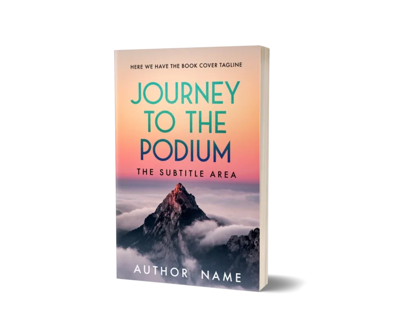 Inspirational book cover mockup depicting a mountain peak among clouds titled 'Journey to the Podium.
