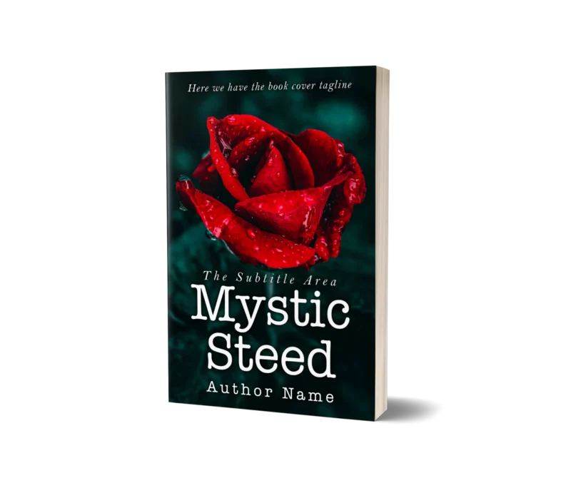 A close-up of a dew-kissed red rose on the book cover mockup for 'Mystic Steed,' symbolizing beauty and mystery.