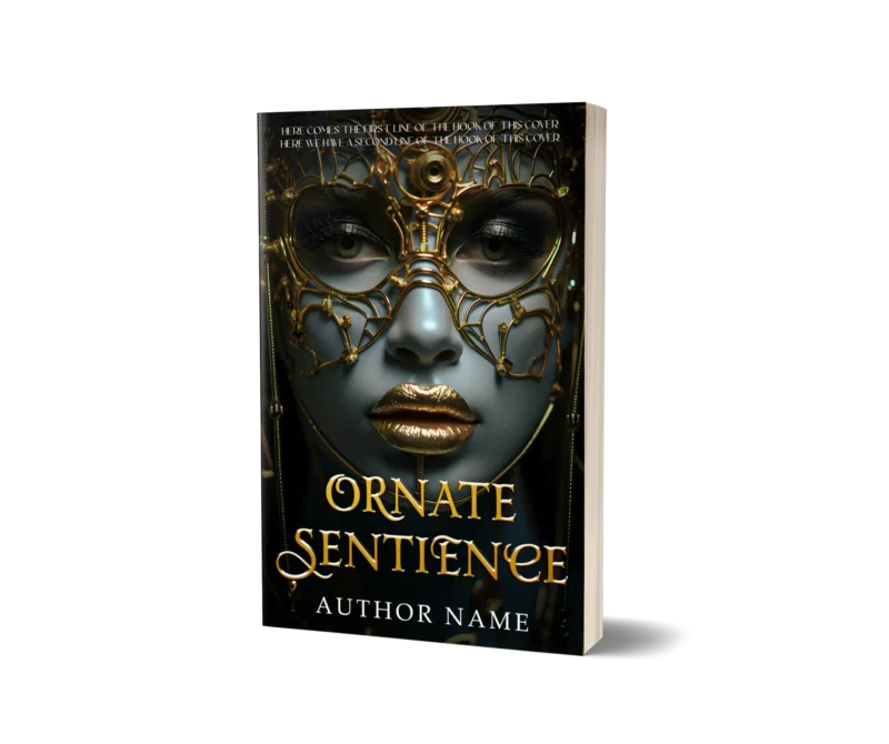 Elaborate golden mask on a woman's face on the book cover mockup for 'Ornate Sentience,' symbolizing mystery and allure.