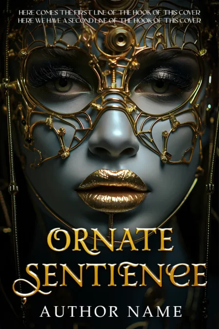 Elaborate golden mask on a woman's face on the book cover for 'Ornate Sentience,' symbolizing mystery and allure.
