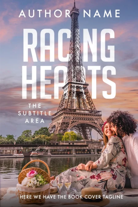Romantic book cover with a couple enjoying a picnic in front of the Eiffel Tower at sunset, titled 'Racing Hearts.