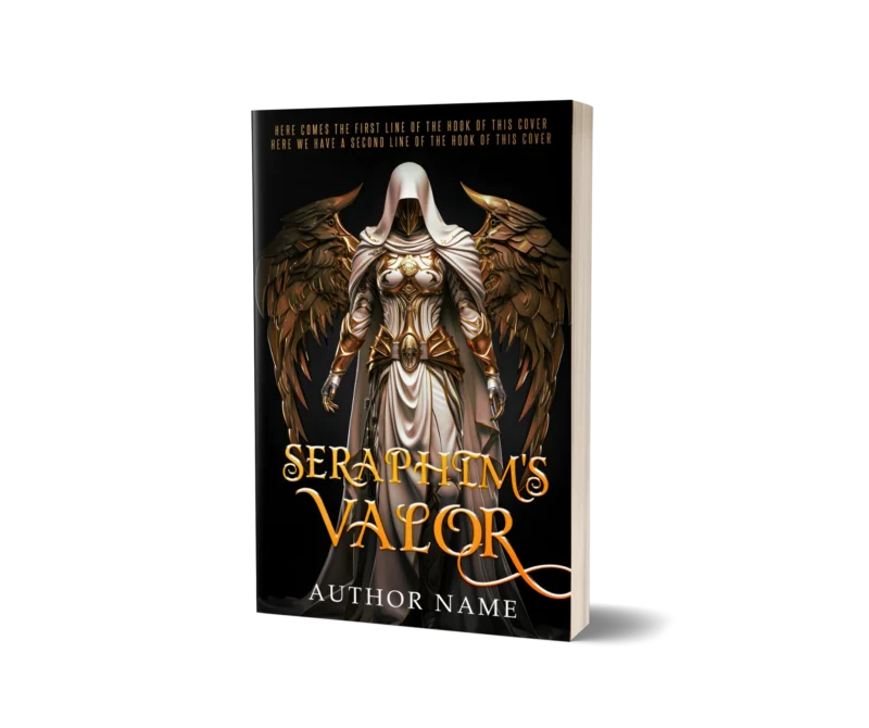 An angelic warrior in ornate golden armor on the book cover mockup for 'Seraphim's Valor,' exuding divine strength and nobility.