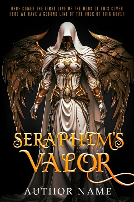 An angelic warrior in ornate golden armor on the book cover for 'Seraphim's Valor,' exuding divine strength and nobility.